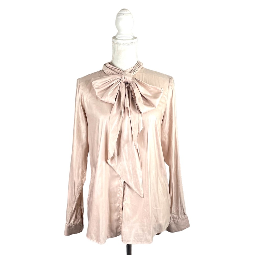 Zara Blush Beige Pink Blouse Pussy Bow Tie Neck Detail Career Dress Top
